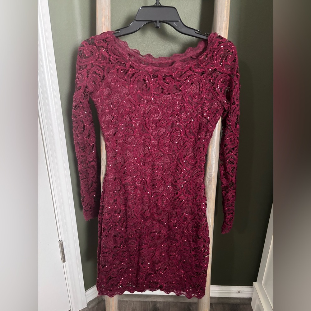 Sequin Hearts Lace Long Sleeve Dress Burgundy Junior Small